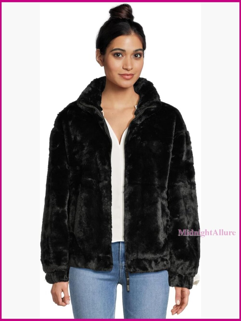 Faux Fur Jacket With Jersey Lining, Side Pockets, Long Sleeve
